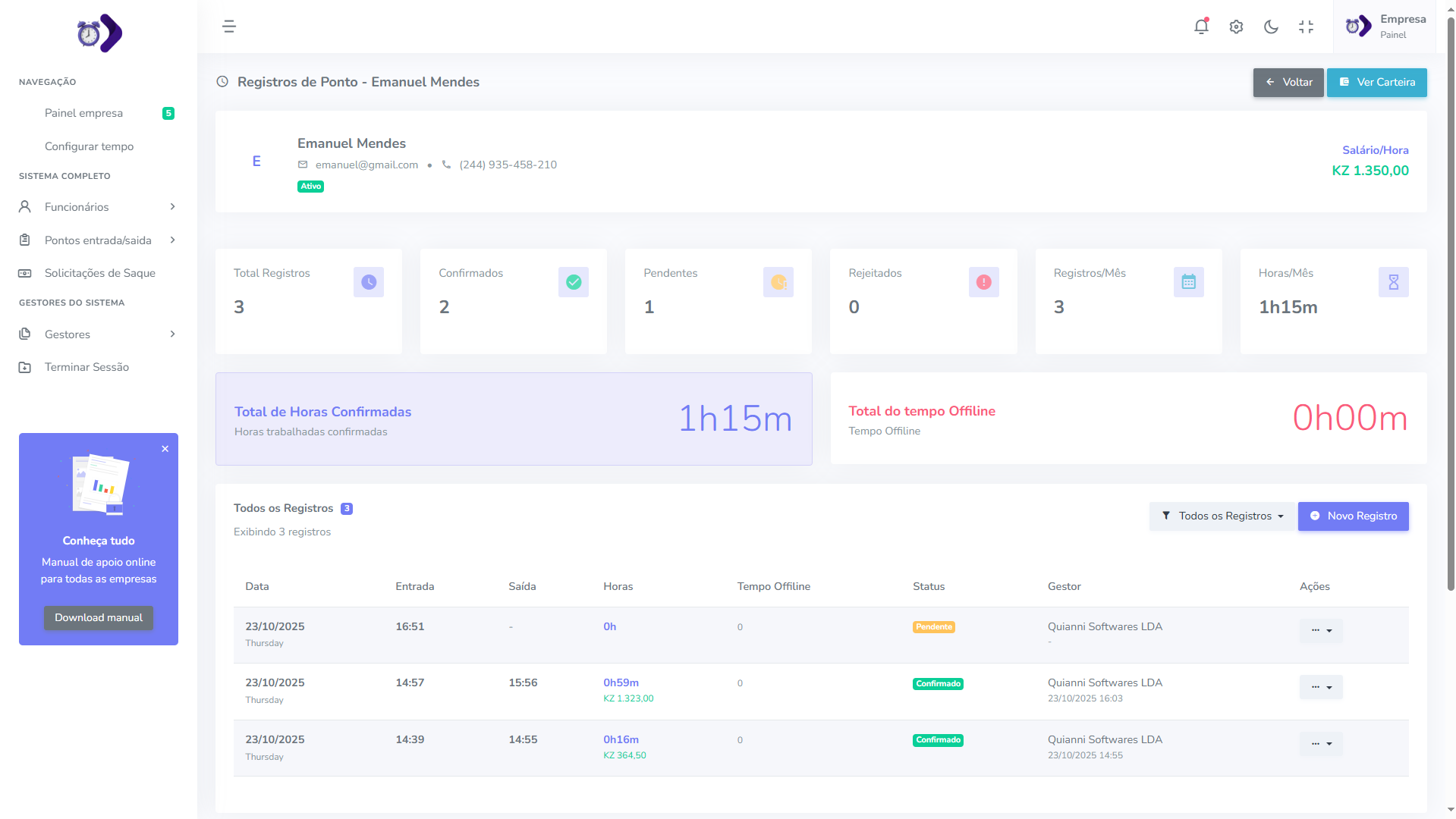Painel de controle Ponto Pago